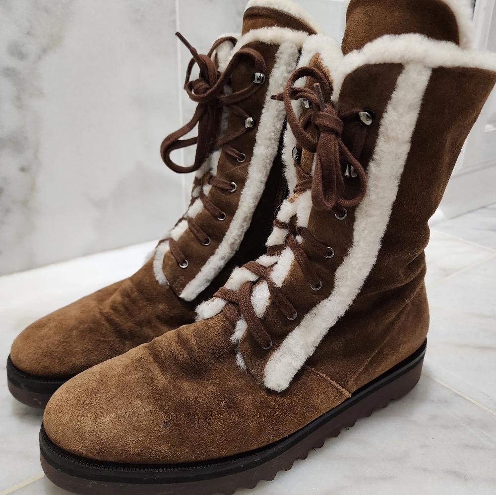 Aquatalia Shearling Fur Lined Winter Combat Boots Payton 8 Brown Suede